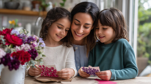 Hispanic mother and two children decorating homemade Mother's Day cards at kitchen table, soft morning window light, heartfelt and joyfully intimate