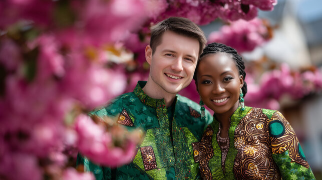 Interracial couple in traditional Nigerian and Irish wedding attire laughing under a flowering hawthorn tree at harsh midday sun, fabric patterns vivid, guests blurred in backgroun