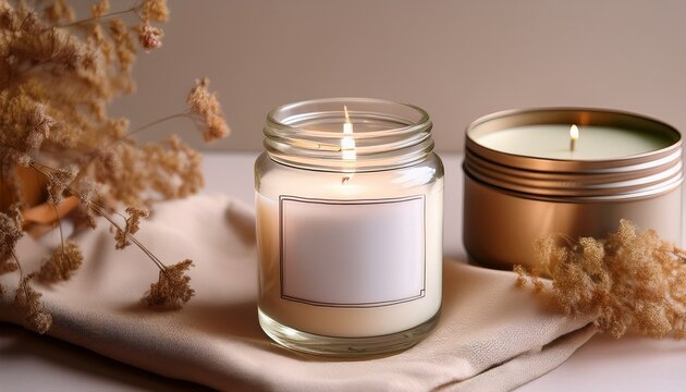 a simple glass candle with a blank label stands on a folded cloth beside delicate dried flowers and a lidded container against a plain soft background with gentle lighting