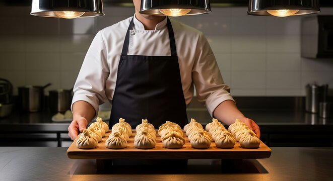 Chef presenting tray of appetizers.