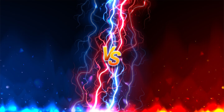 Versus background concept. VS screen with powerful red and blue lightning, burning flame and sparks. Bolt energy collision isolated on dark background. Lightning shock versus concept. Vector banner.