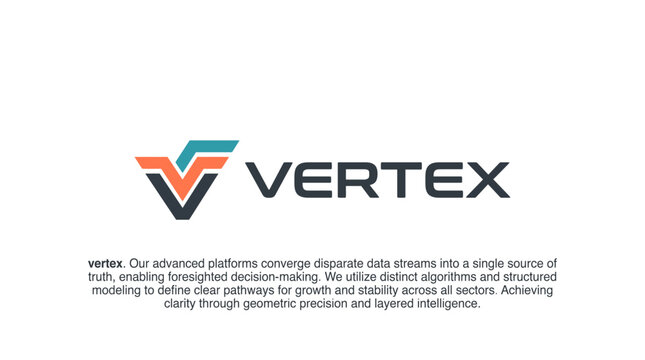 The Vertex logo emphasizes the convergence of data streams into one unified source, reflecting the company's commitment to clarity, precision, and intelligent decision-making.