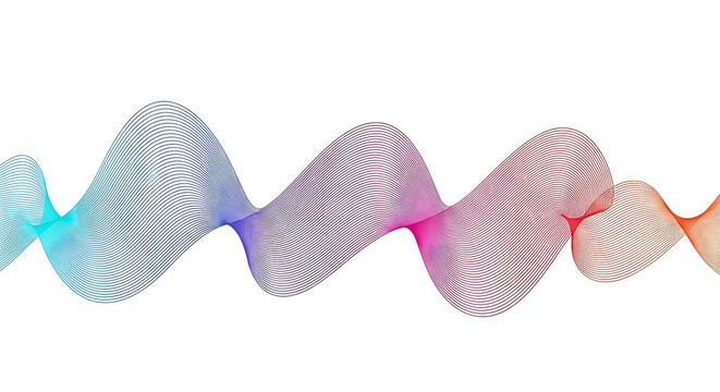 Abstract wavy sound wave design with colorful gradient lines on white background, flowing digital frequency stream and musical audio rhythm visualization, modern graphic element for multimedia project