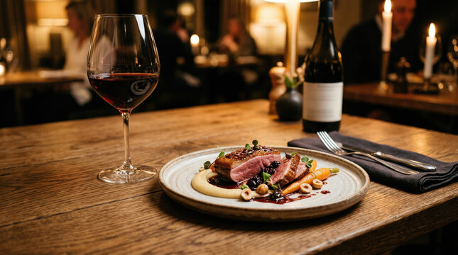 Elegant Gourmet Meal with Red Wine in Cozy Restaurant Setting
