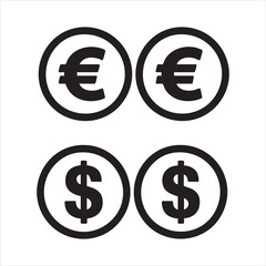 Obraz premium Black and white currency icon set featuring euro and dollar symbols in circles for banking concepts.