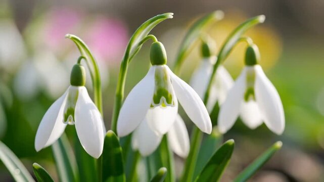 Soft white snowdrops bloom in early spring garden