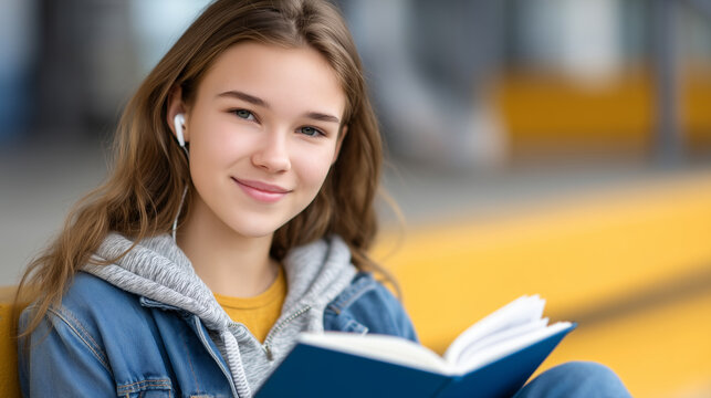 Solitary teenage girl sitting on a school bleacher under harsh midday sun, one earbud dangling, reading a mental health pamphlet tucked inside a textbook, expression carefully hidd