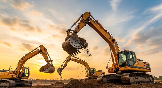 Three Yellow Excavators Working on a Construction Site During Sunset with Dirt Flying