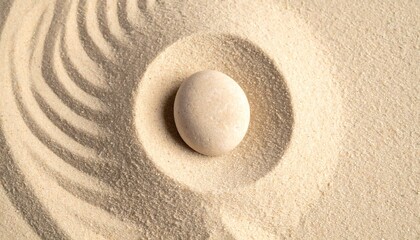 Obraz premium Minimalist Zen Garden with Smooth White Stone on Raked Sand Background