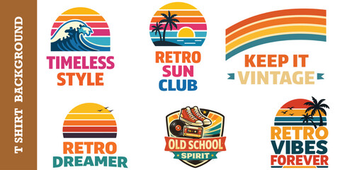 Naklejka premium Retro horizon graphic with ocean sunset and birds t shirt design.