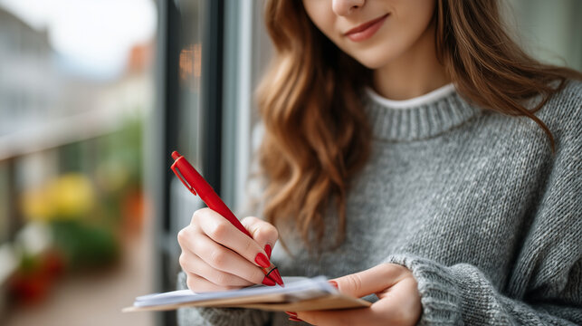 Close up hands of a woman taping a handwritten boundary list to her apartment door, red pen marks emphatic, spring light glowing beneath the door crack, perfectly mundane and quiet