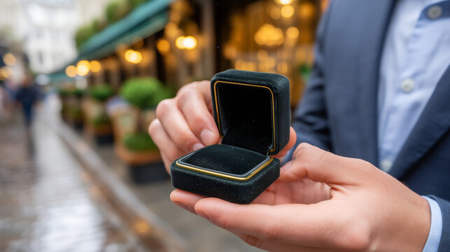 Close up hands of a nervous person holding a small velvet ring box outside a restaurant entrance, thumbs working the hinge open and closed, pavement glistening from recent rain, bl