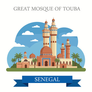 A vibrant illustration of the Great Mosque of Touba, showcasing its stunning architectural features and cultural significance in Senegal within a serene landscape.