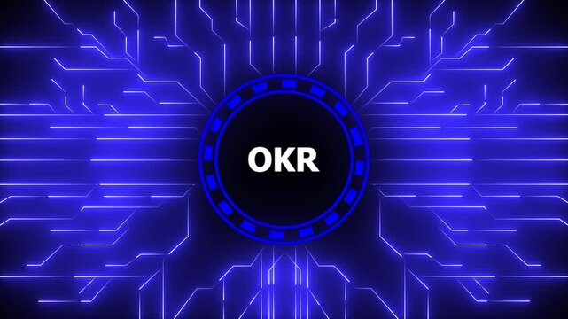 OKR Objectives key results.Business, Technology,Internet and network concept.Digital Data moving on Circuit Board and CPU.Computer Processing and organizing data.4k animation motion graphics video.