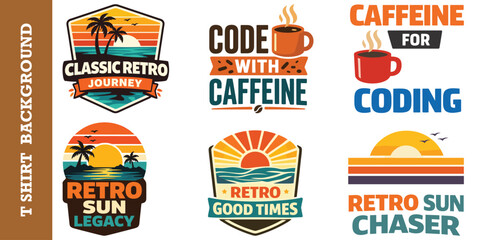 Naklejka premium Retro summer sun and caffeine coding badges with vintage sunset landscape vector elements.
