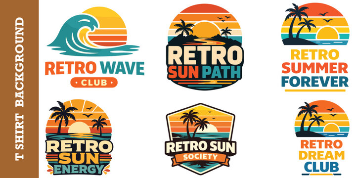 Tropical retro sunset badges set with palm trees and ocean wave vector graphic collection.