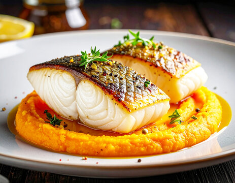 Seabass on potato-carrot puree and spices, closeup. AI