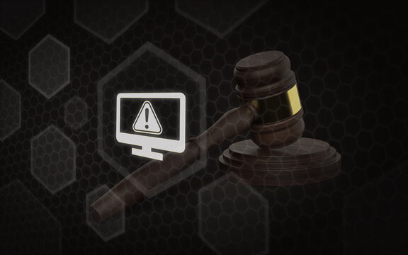 Digital legal issues and cyber law concept featuring a judge gavel and a computer monitor icon with a warning sign representing cybersecurity regulations and data protection