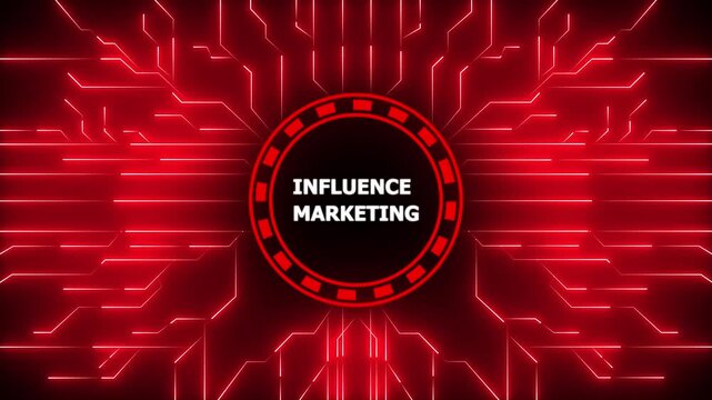 Futuristic animated influence marketing concept depicted on tech circuitry blue background, 4k animation motion graphics video.