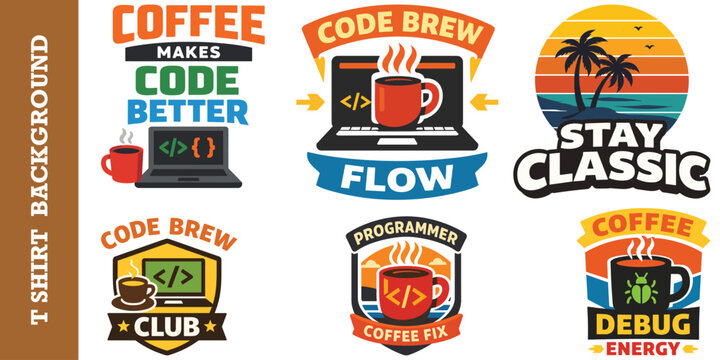 Software engineer code brew and programmer coffee fix vintage badge collection graphics.