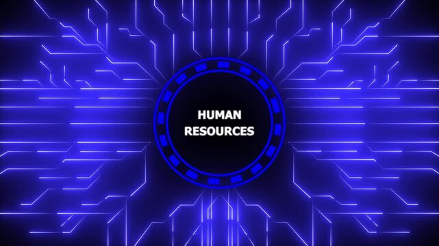 Animated human resources tech interface with interconnected circuit board pattern backdrop. 4k animation motion graphics video.