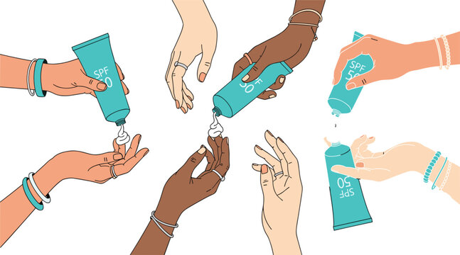 Diverse Hands Holding SPF 50 Sunscreen Tubes and Applying Protective Cream for Skincare Routine Sun Safety Awareness Summer Beauty Branding and Dermatology Illustration