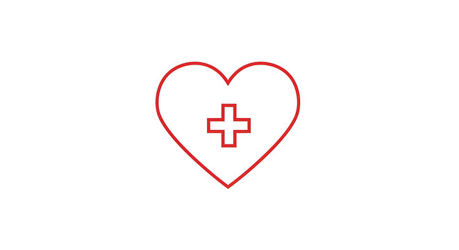 Red line heart icon with cross symbol for healthcare and medical emergency services. simple minimalist outline of a heart with a plus sign representing medicine, wellness, aid, and hospital care