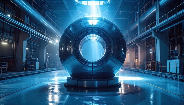 A massive polished spherical superconducting magnet housing sits in a glowing blue experimental research facility, representing the future of advanced fusion power energy technology.