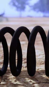 A spring coil lays on a dry ground with cracks. The land stretches far with a cloudy sky above. The landscape shows hints of vegetation in the distance.