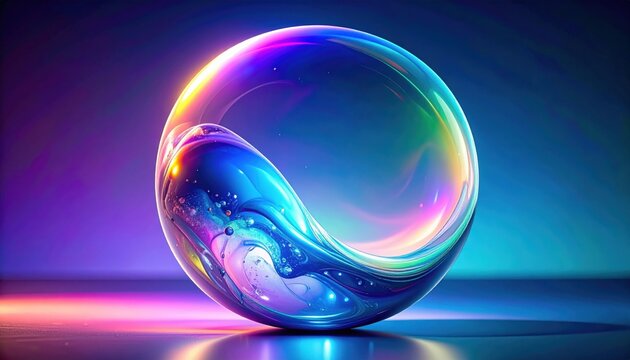 A glowing iridescent sphere containing fluid transitions representing the quantum superposition state, visualizing complex physics concepts through vibrant abstract digital art.