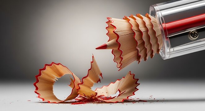 Pencil sharpener with red pencil shavings.