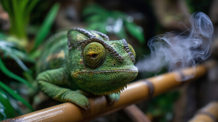 Fototapeta premium Veiled chameleon perched on a slender bamboo rod inside a bioactive terrarium, one eye rotating independently, dewlap slightly fanned, humidity mist rising from the substrate below