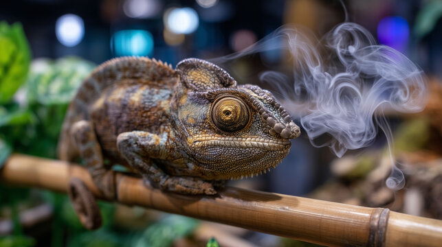 Veiled chameleon perched on a slender bamboo rod inside a bioactive terrarium, one eye rotating independently, dewlap slightly fanned, humidity mist rising from the substrate below