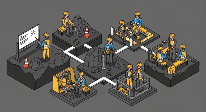Construction workers and heavy machinery in isometric view.