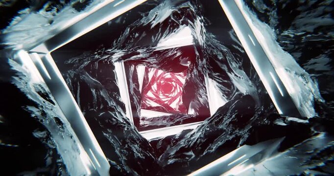 Dark tunnel twists inward, glowing red rose at center loop