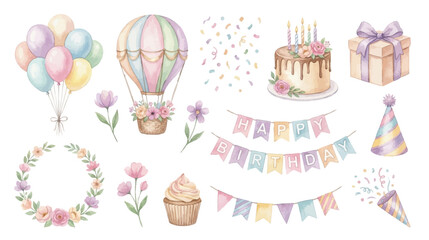Cute birthday party set, balloons, cake, decorations in soft watercolor style. Collection of Vector illustrations for invitation, card, poster, banner, decoration © maria