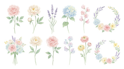 Obraz premium Soft watercolor floral set, delicate botanical elements in pastel style. Collection of Vector illustrations for invitation, card, poster, banner, decoration 