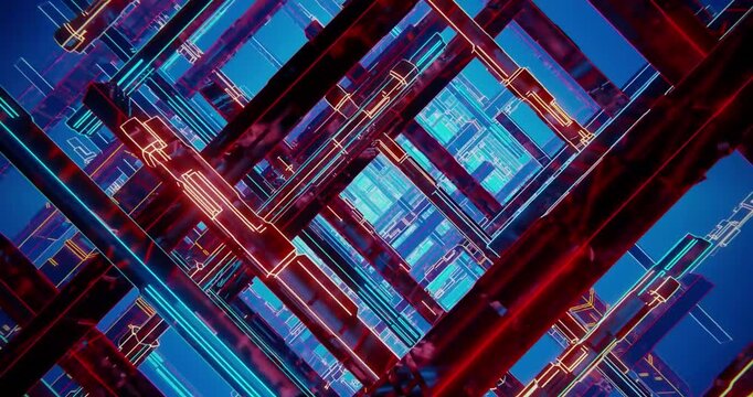 Vibrant neon cubes float through a digital space loop