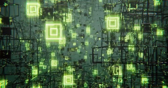 Glowing green squares float through dark digital space loop