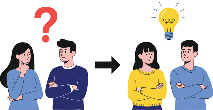 Problem solving concept with confused couple and idea solution showing question mark and light bulb in modern flat cartoon vector illustration style