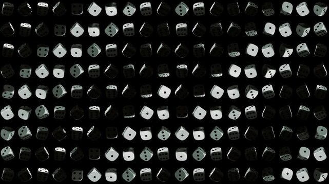 Seamless pattern of rotating white dice on black background, modern 3D gambling animation with static camera and endless loop