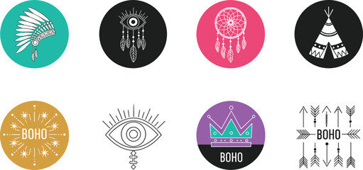 Boho Style Icon Set with Dreamcatcher, Feather Headdress, Tribal Teepee, Arrows and Mystic Symbols for Vintage Ethnic Branding and Decorative Design © Sreemotimadhobi