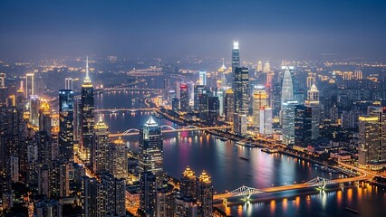 Obraz premium Cityscape at night with illuminated skyscrapers.