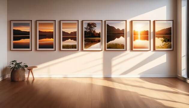 minimalist gallery wall with framed landscape prints and warm natural lighting indoors