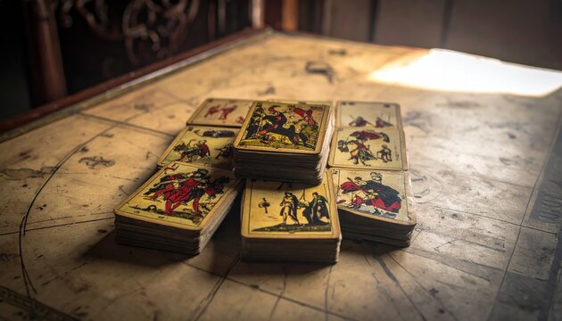 A stack of aged historical playing cards depicting military generals and battles on a rustic table surface, illustrating a classic game focused on strategy and ancient warfare.