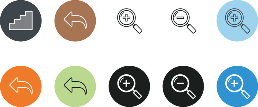 Navigation and Zoom Icon Set with Back Arrow, Undo Symbol and Magnifying Glass Plus Minus Controls for UI UX Interface Design
