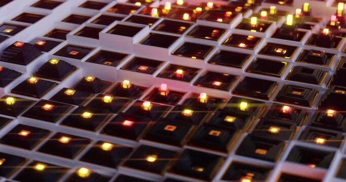 Rows of glowing circuit boards pulse with data loop