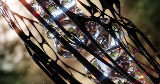 Glowing spheres float inside a dark, web-like cage loop