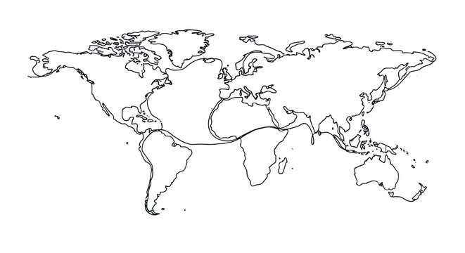 A continuous, rough single-line doodle of the world map projection, unifying continents against a transparent background with ample copy space. Concept of global interconnectedness