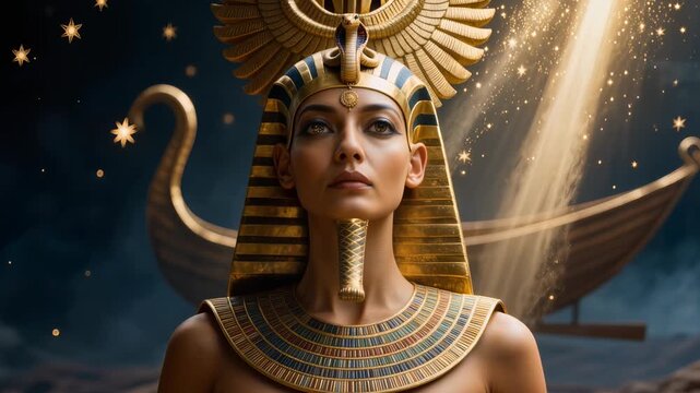 Egyptian female pharaoh wearing golden nemes headdress with cobra uraeus, gemstone collar and crystal pendant, divine golden light rays and starry night sky background.
